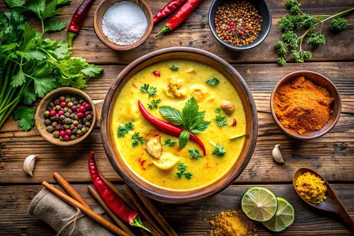 A large white skillet filled with golden chicken breasts in a creamy sauce, flecked with sun-dried tomatoes and spinach. Served on a rustic wood table with a glass of white wine nearby.